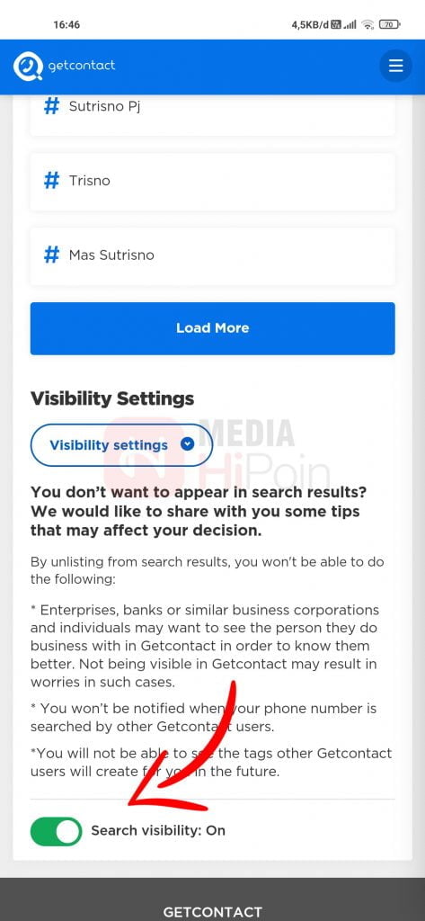 Matikan Search Visibility Getcontact